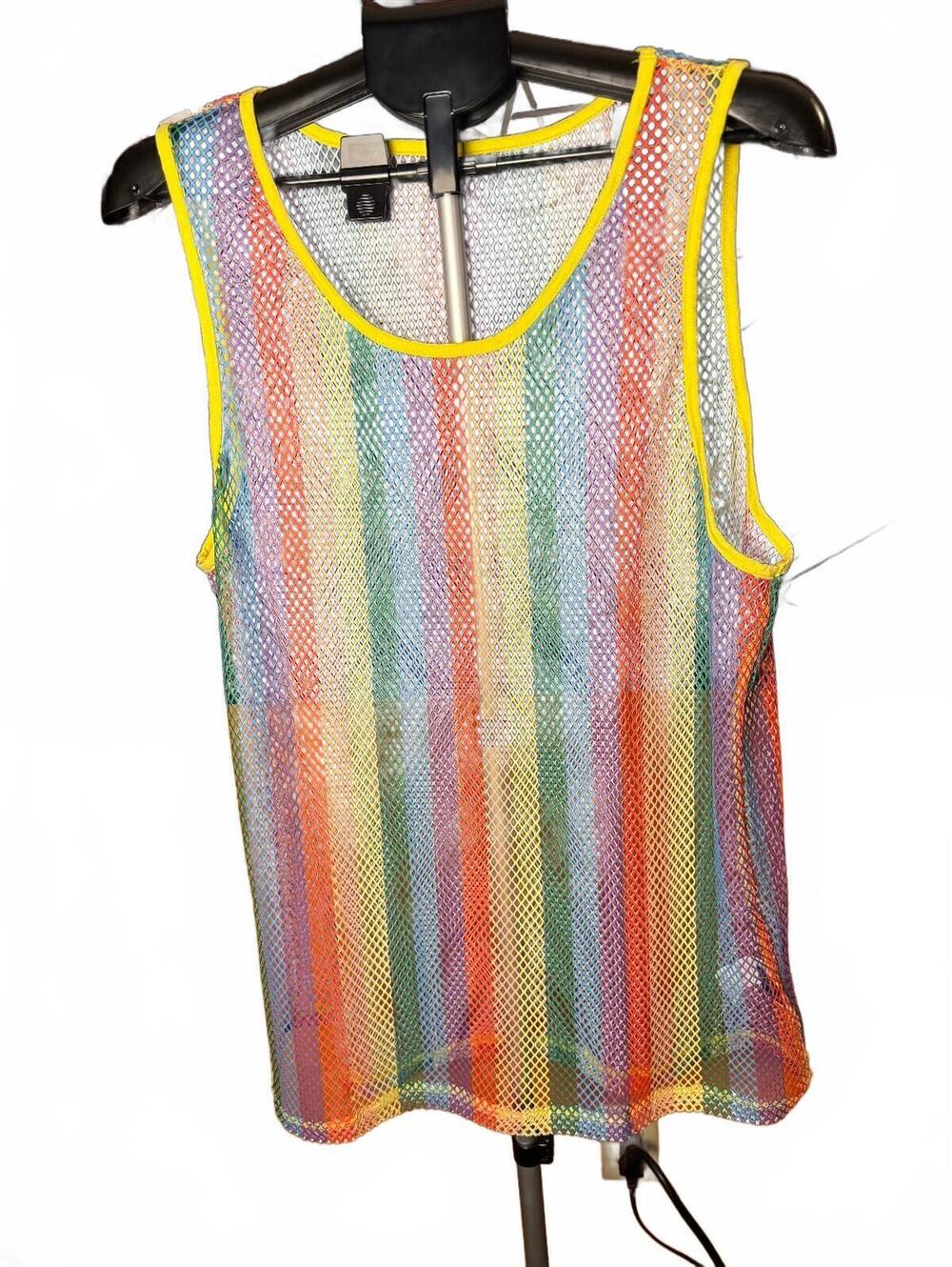 Shein sz XL Rainbow Striped Mesh Tank Top with Yellow Trim